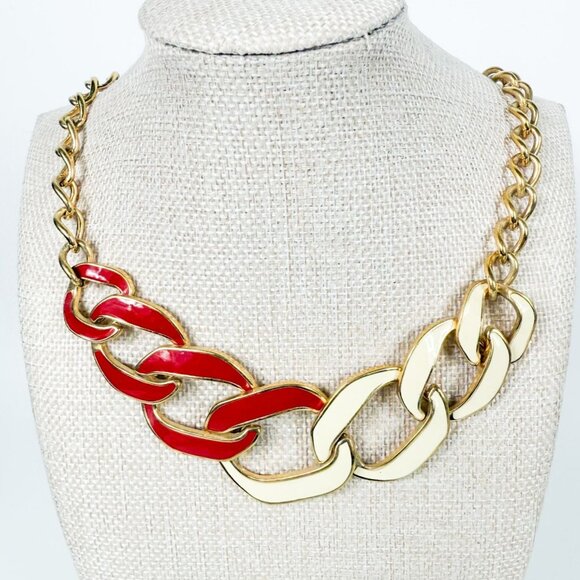 Monet Red Cream Enamel Gold-Tone Chain Link Necklace Chunky Statement - Picture 1 of 4